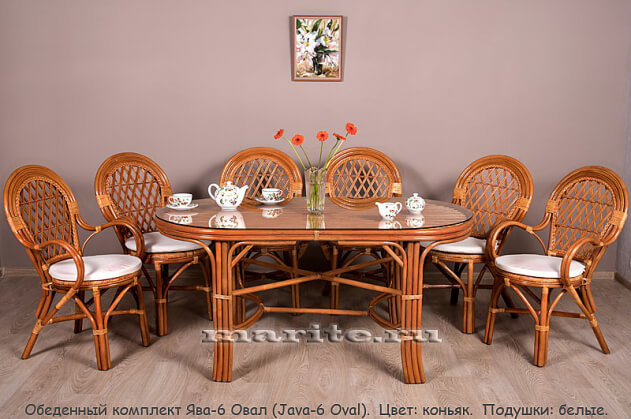 Обеденный комплект мебели из натурального ротанга Ява-6 Овал (Java-6 Oval) (цвет: коньяк)