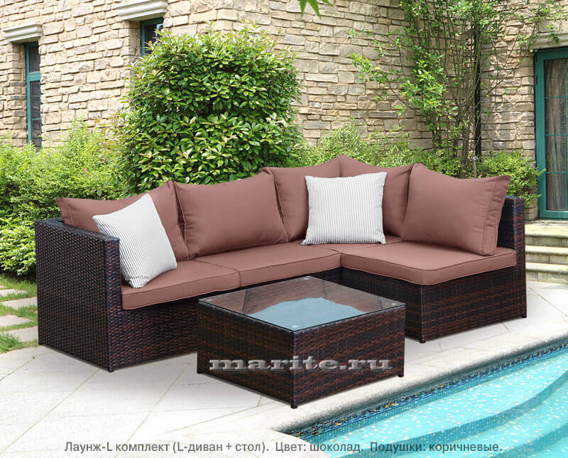 Комплект мебели из искусственного ротанга Лаунж-L (Lounge-L) (ротанг: шоколад, подушки - коричневые) Комплект мебели из искусственного ротанга Лаунж-L (Lounge-L) (ротанг: шоколад, подушки - коричневые)