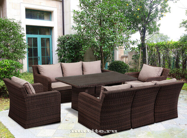 Комплект мебели из искусственного ротанга Премиум Лаунж-8 (Premium Lounge-8) (цвет: кофе) (подушки: тёмный лён)