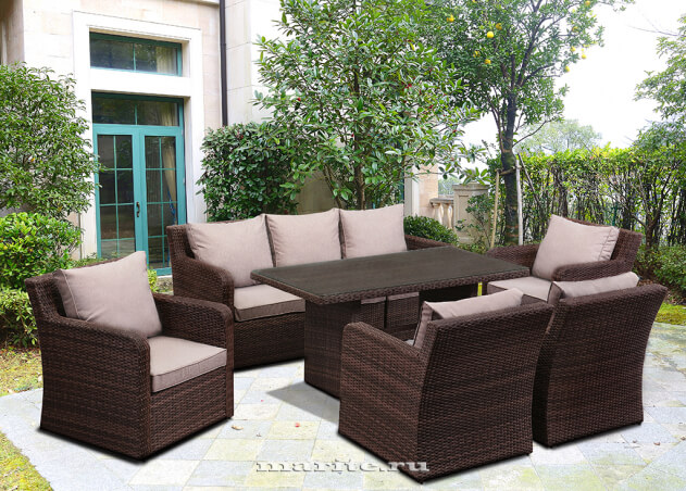 Комплект мебели из искусственного ротанга Премиум Лаунж-7+ (Premium Lounge-7+) (цвет: кофе) (подушки: тёмный лён)