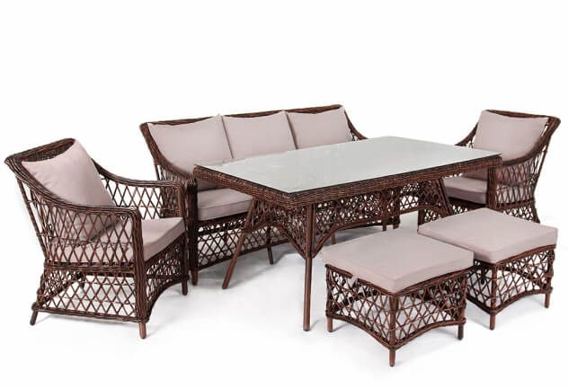 Комплект мебели для обеда и отдыха из искусственного ротанга Пикник-7 (Picnic-7) (цвет: кофе) (подушки: лен)