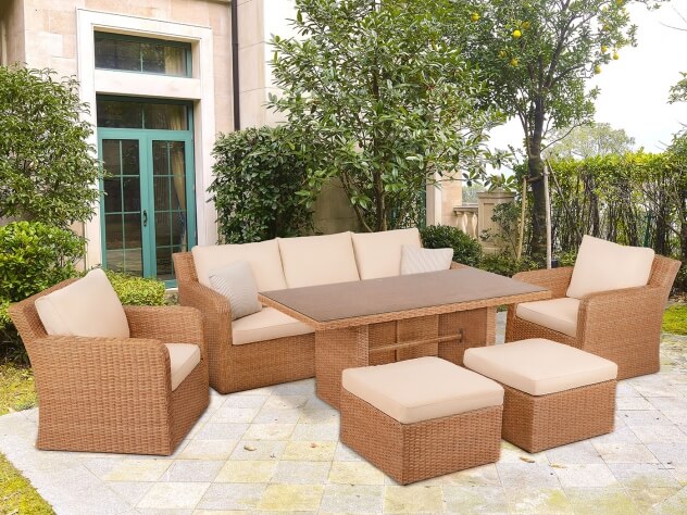 Комплект мебели из искусственного ротанга для обеда и отдыха Премиум Лаунж-7 (Premium Lounge-7) (цвет: пшеничный) (подушки: бежевые)