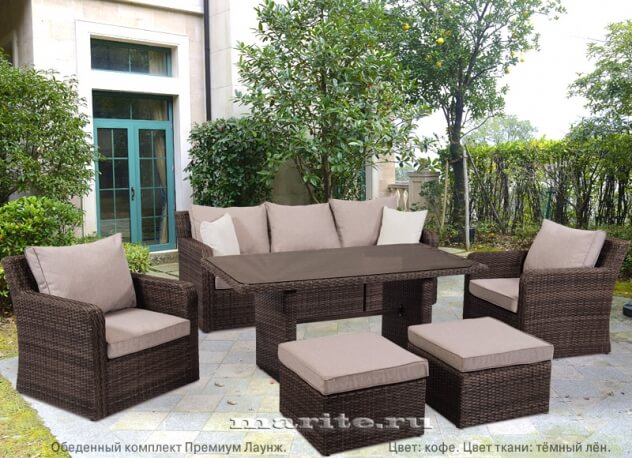 Комплект мебели из искусственного ротанга для обеда и отдыха Премиум Лаунж-7 (Premium Lounge-7) (цвет: кофе) (подушки: тёмный лён)